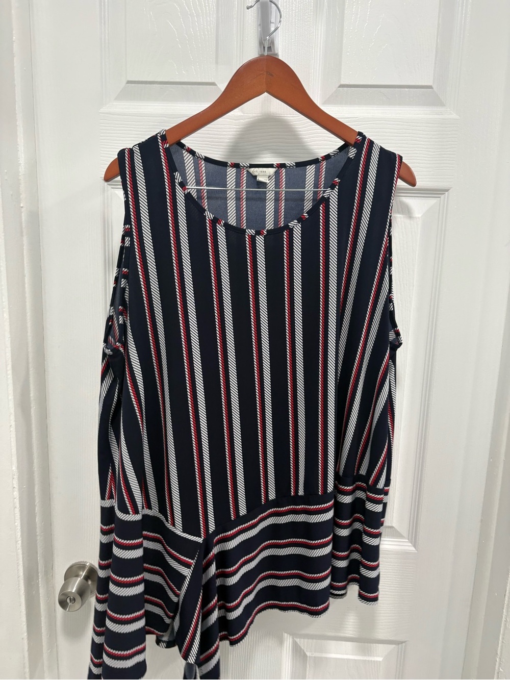 Striped Navy Blue Cold-Shoulder Tunic with Red & White Accents
